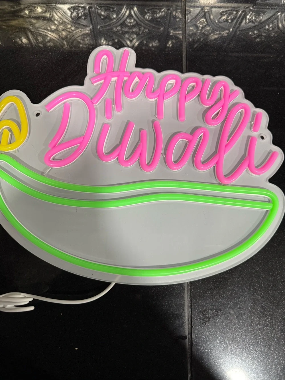 Happy Diwali Neon Sign - Pink and Green LED Diya Accent